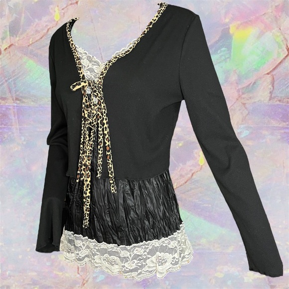 SHEIN Black Cardigan with Leopard Print Trim - Picture 2 of 3